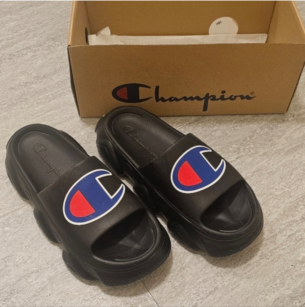 Champion Black Slides with Blue and Red Logo